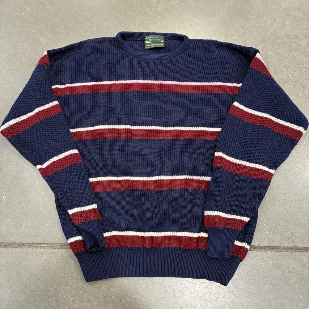 Vintage Lord Jeff Sweater Sailor Rib White Red Blue Striped Large Made In USA